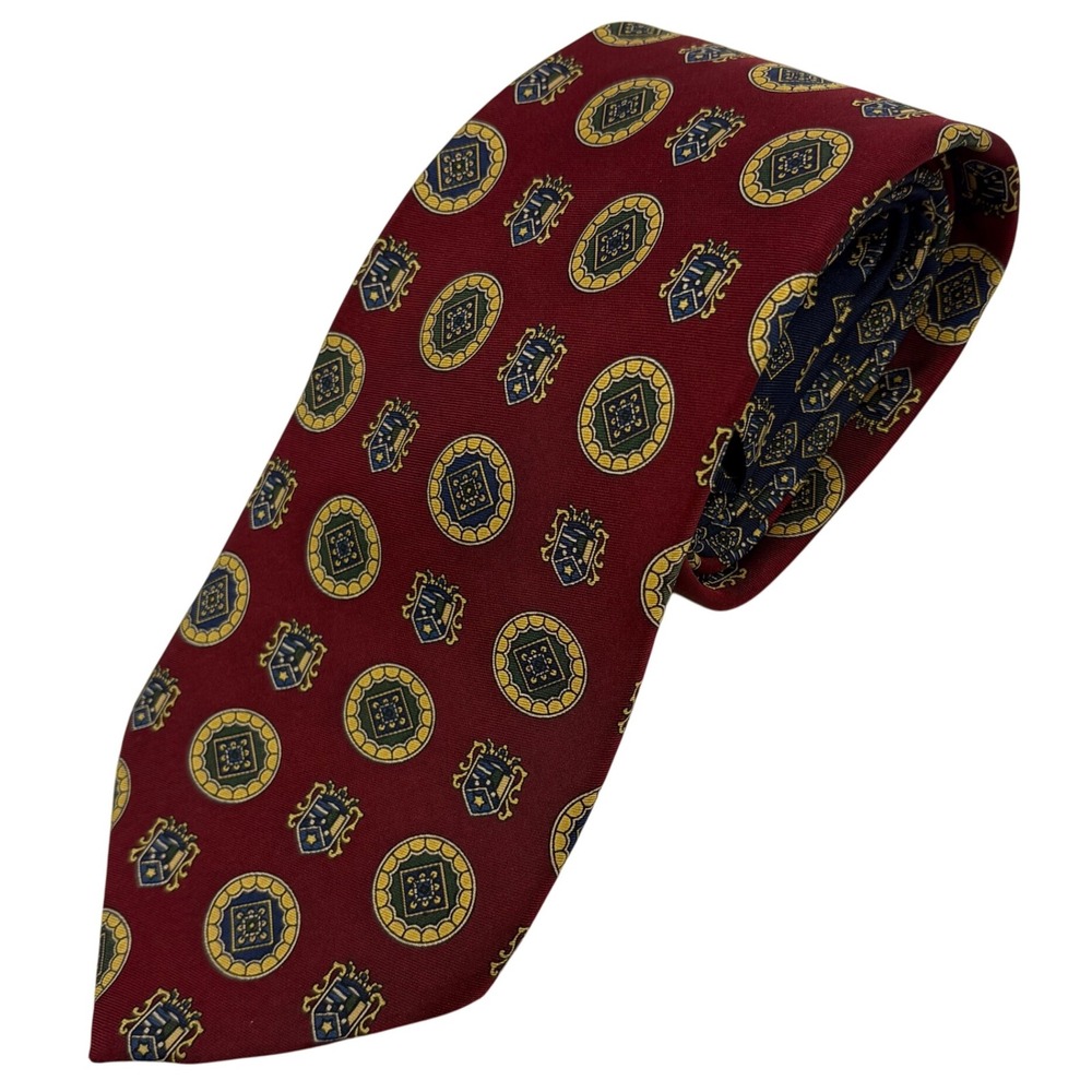TOMMY HILFIGER 100% Silk Tie Crest Geometric Preppy Office Italy USA VTG Red‎